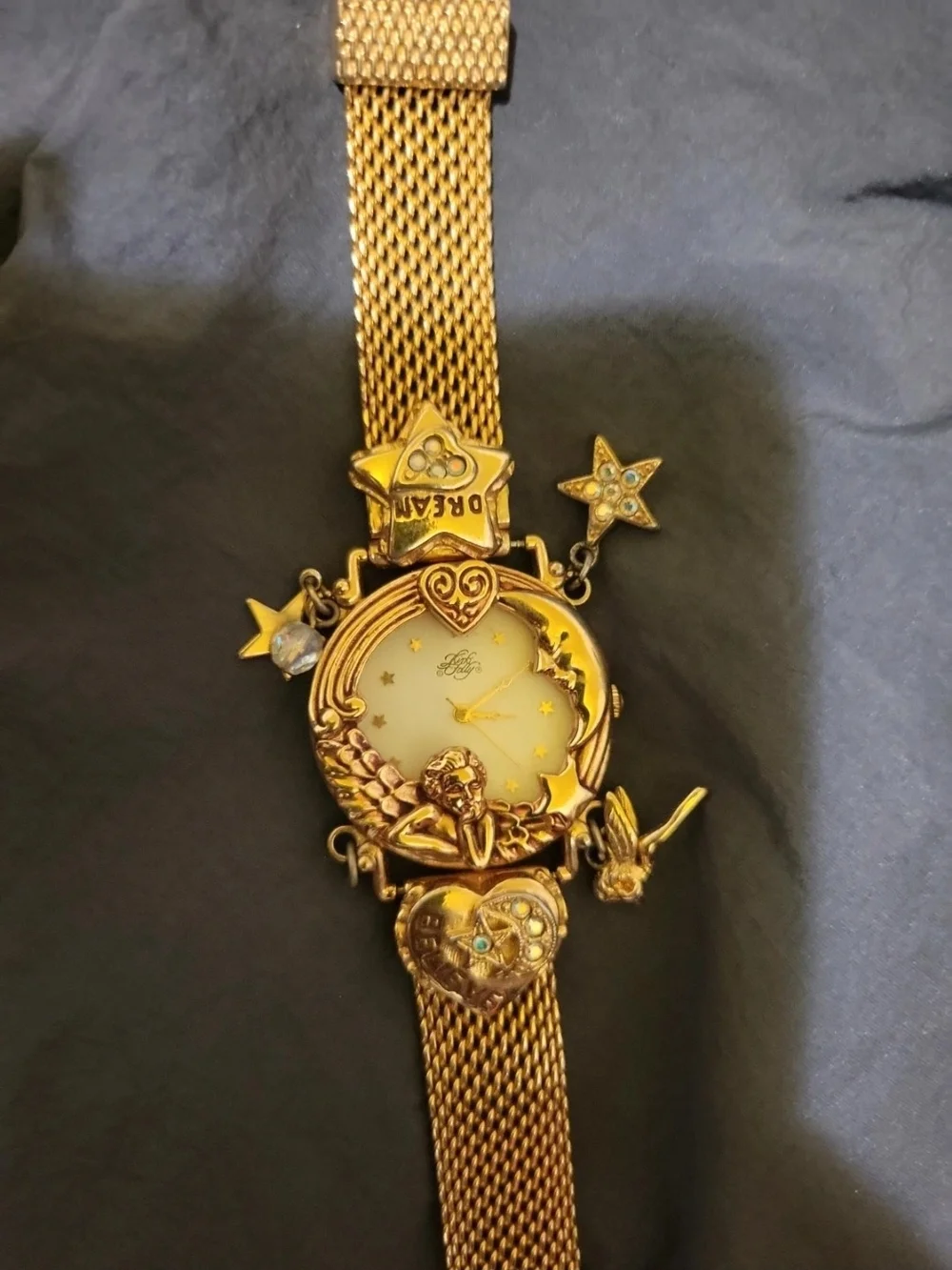 Gold-Tone Women's Charm Bracelet Watch with Star and Heart Accents